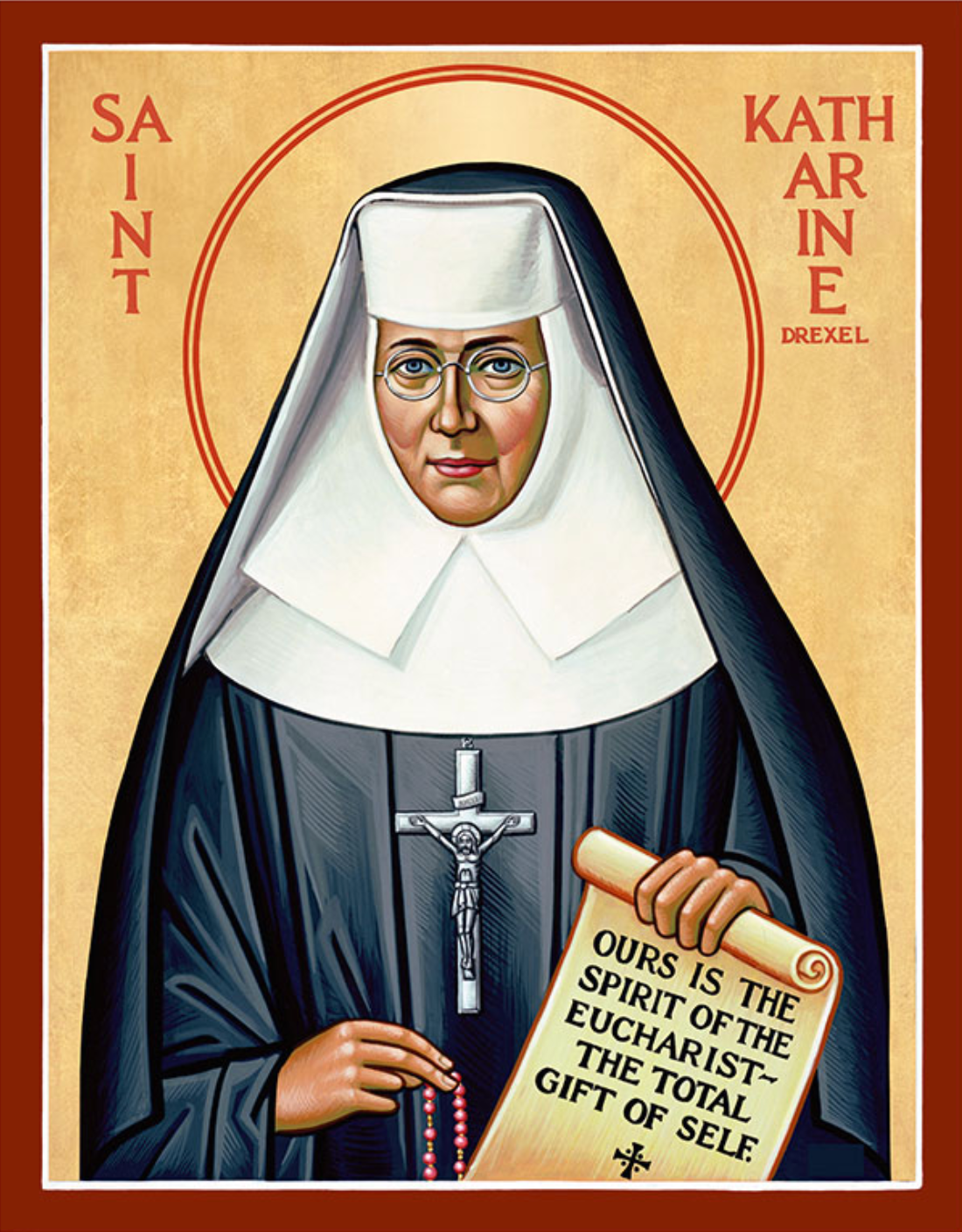 Illustration of Saint Katharine Drexel holding a document with text, framed by decorative elements.