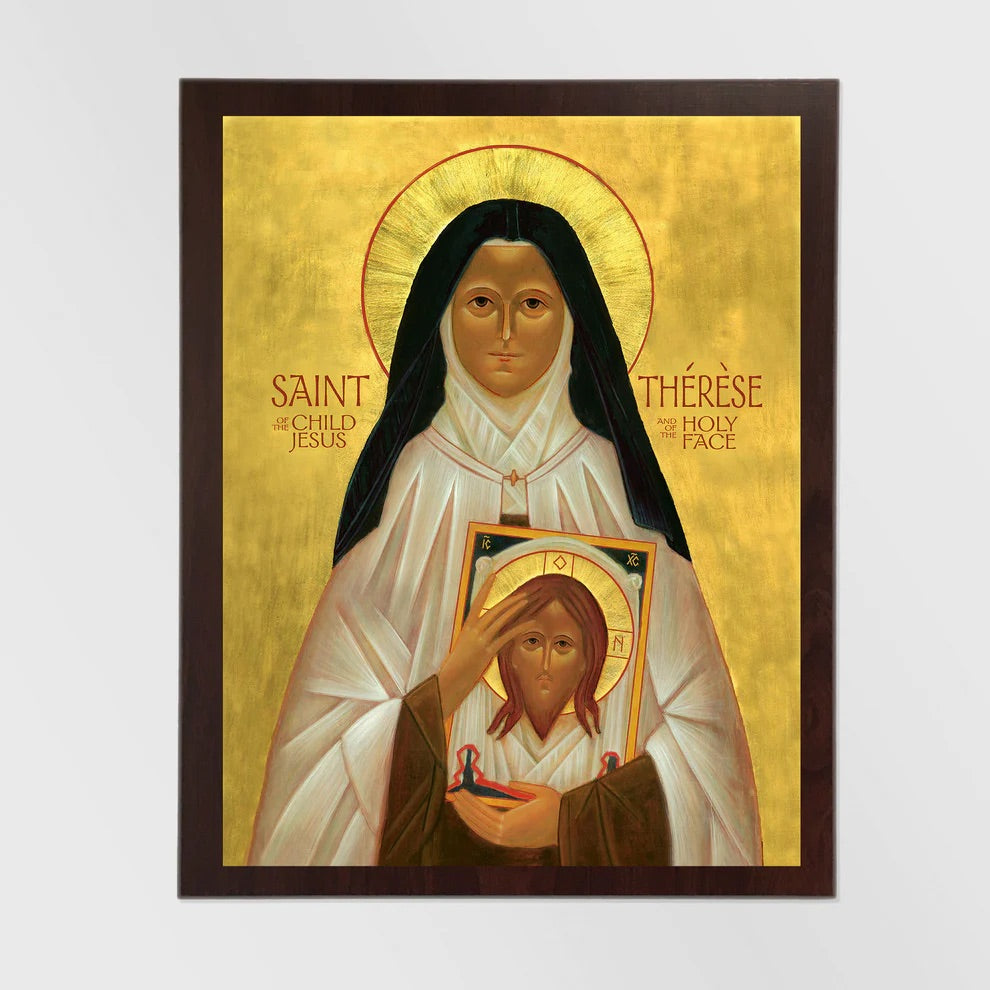 Icon of a religious figure holding a smaller image of Jesus on a gold background with text.