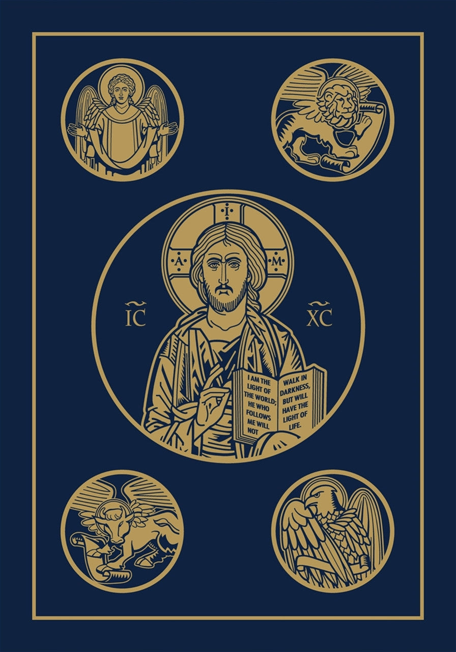 Decorative design with central figure and four circular icons on a blue background