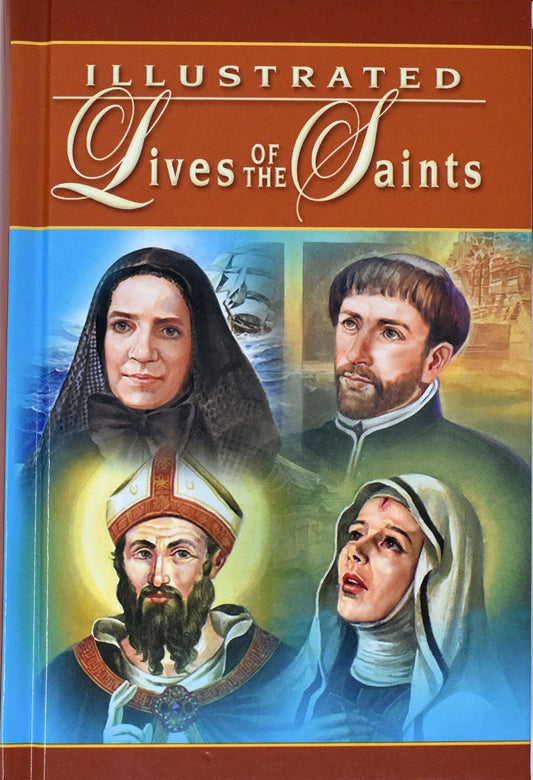 Book cover of 'Illustrated Lives of the Saints' with images of four saints.