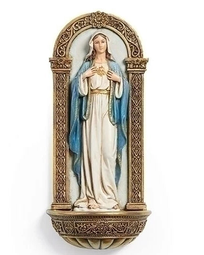 Statue of a religious figure in a decorative frame on a white background