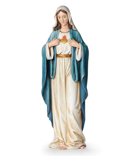Statue of a religious figure holding a heart emblem on a white background