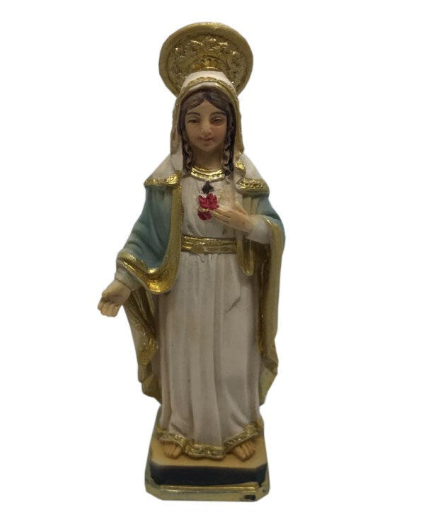 Statue of a religious figure with a white robe and gold accents on a white background