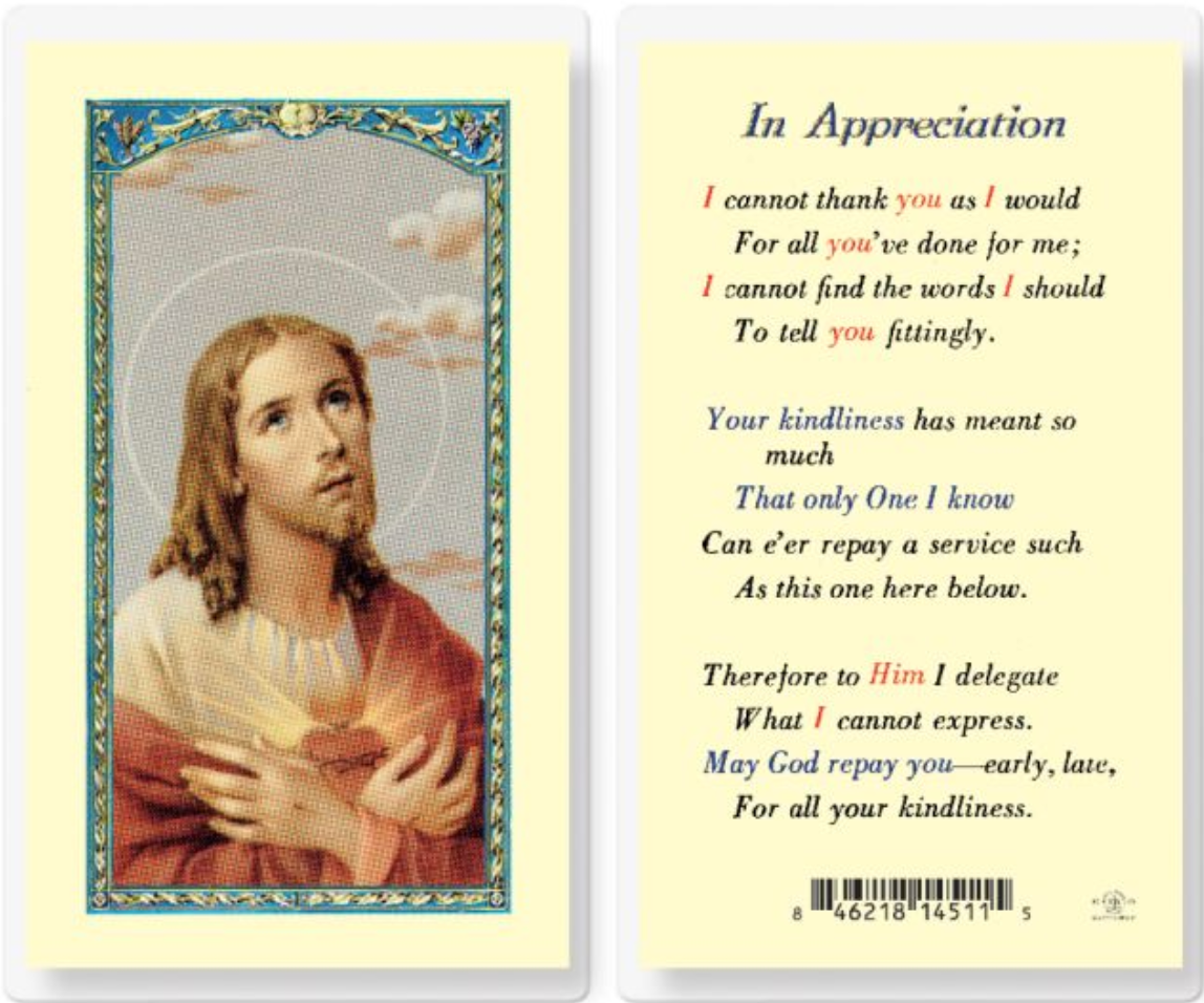 In Appreciation with Sacred Heart of Jesus Laminated Holy Card