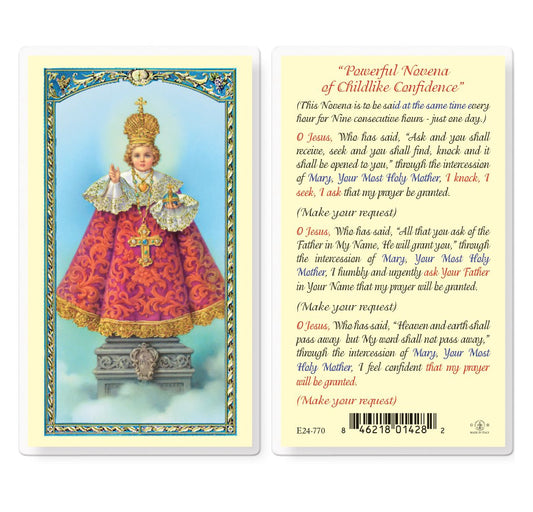 Prayer card with a child-like figure of Jesus and text on a yellow background