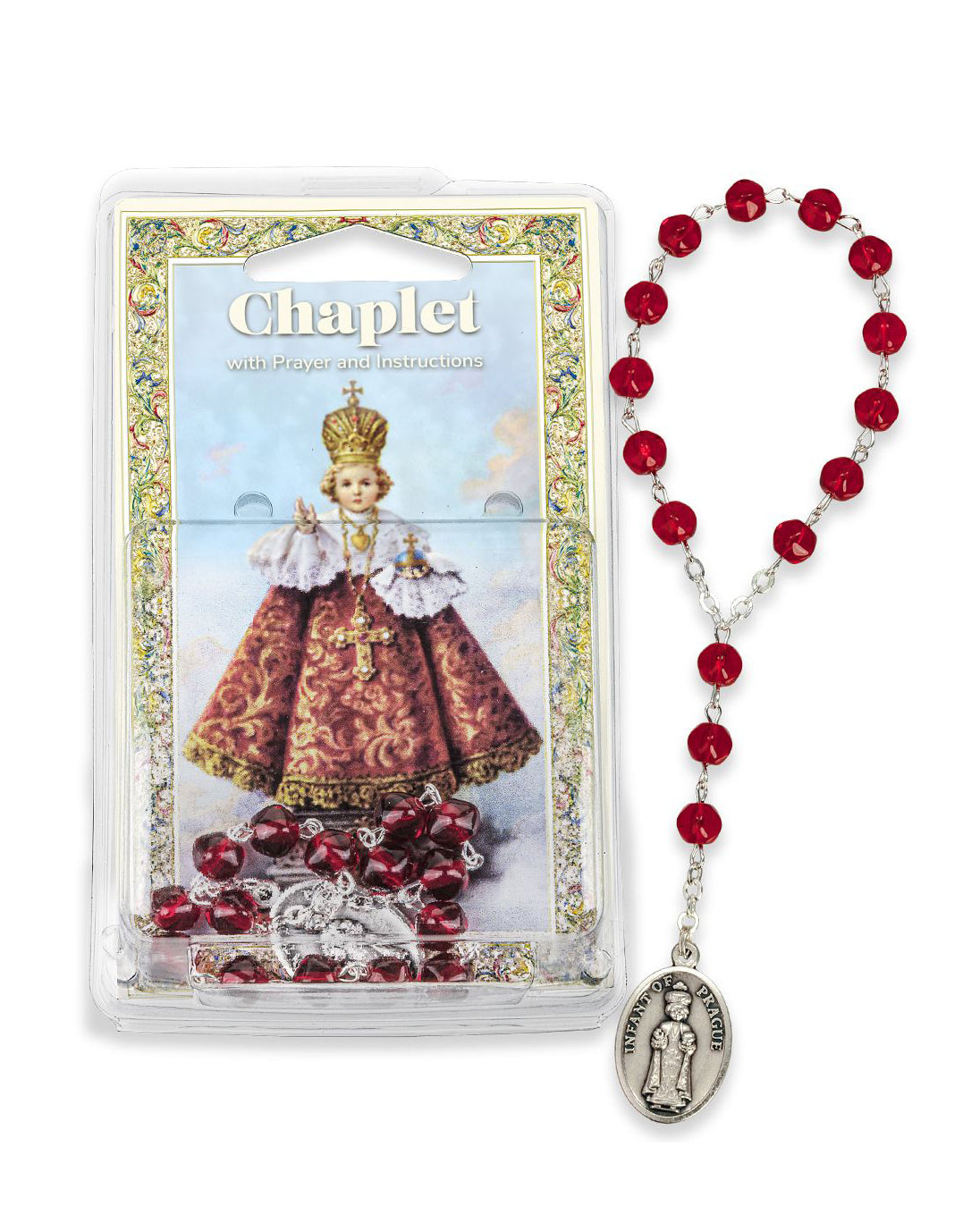 Red rosary with a chaplet featuring an illustration of a child in a crown on a white background.