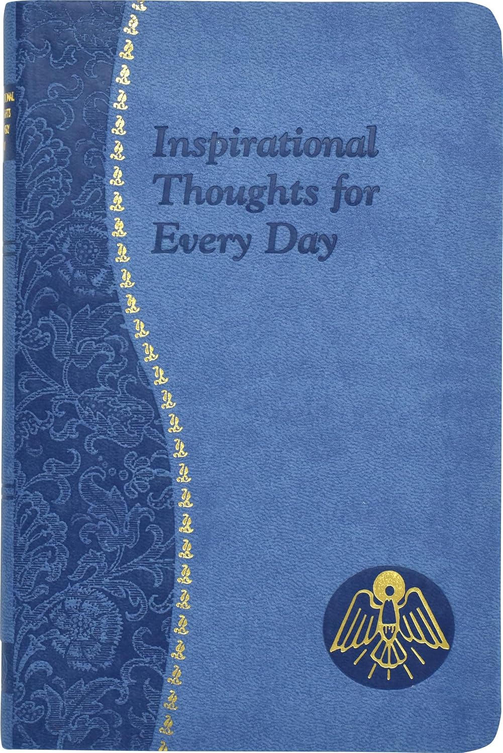 Blue notebook with decorative spine and emblem, titled 'Inspirational Thoughts for Every Day'.