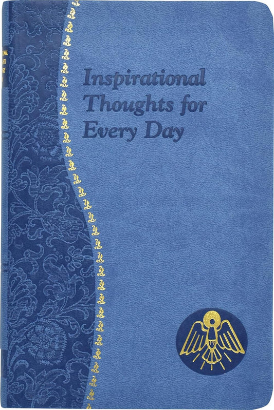 Blue notebook with decorative spine and emblem, titled 'Inspirational Thoughts for Every Day'.