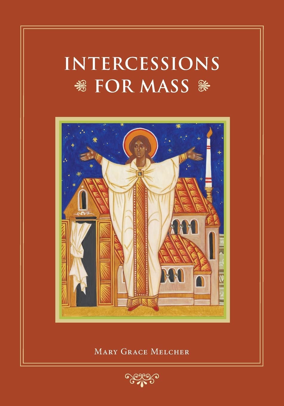 Book cover of 'Intercessions for Mass' with a religious illustration on a red background