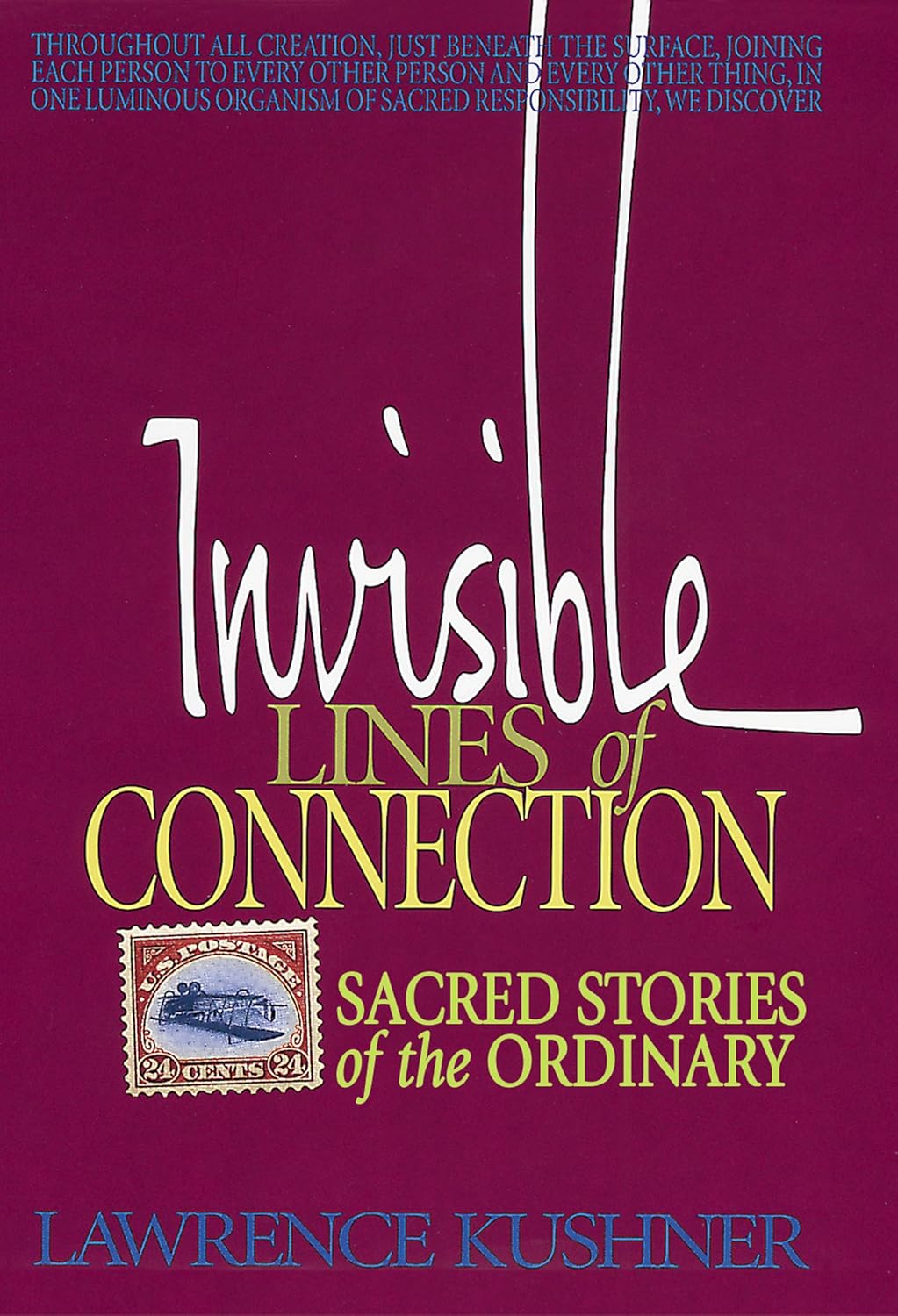 Book cover of 'Invisible Lines of Connection: Sacred Stories of the Ordinary' by Lawrence Kushner with a purple background and a stamp-like graphic.