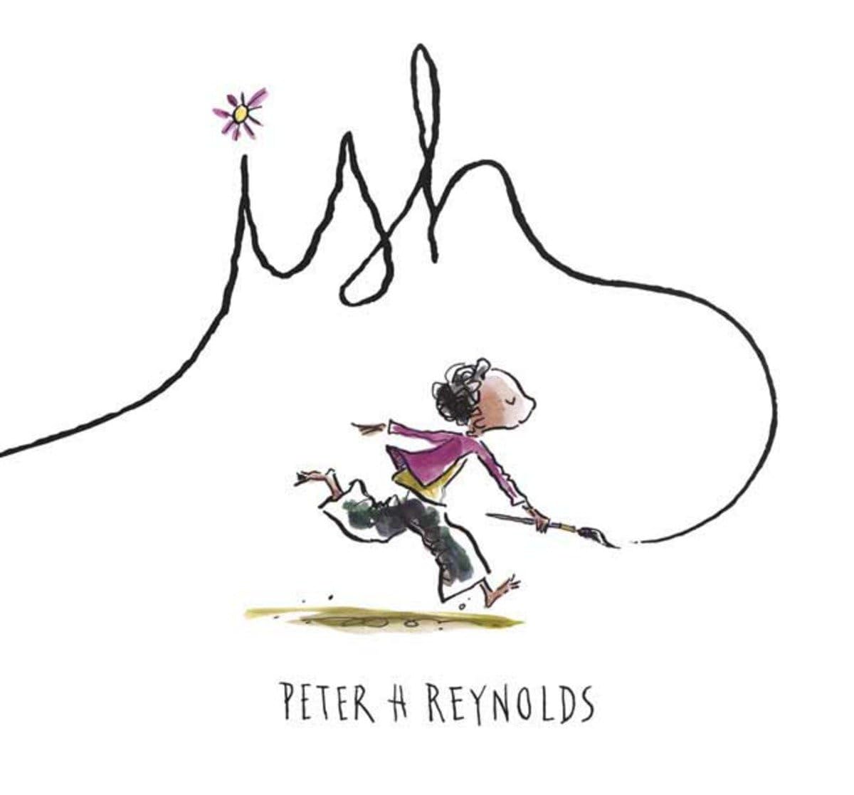 Illustration of a child running with a flower, inspired by Peter H. Reynolds, on a white background.
