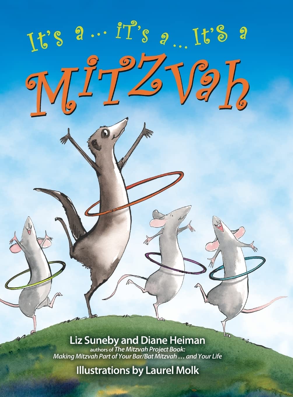 Book cover of 'It's a Mitzvah' with illustrations of mice and a rat on a hill with a blue sky.