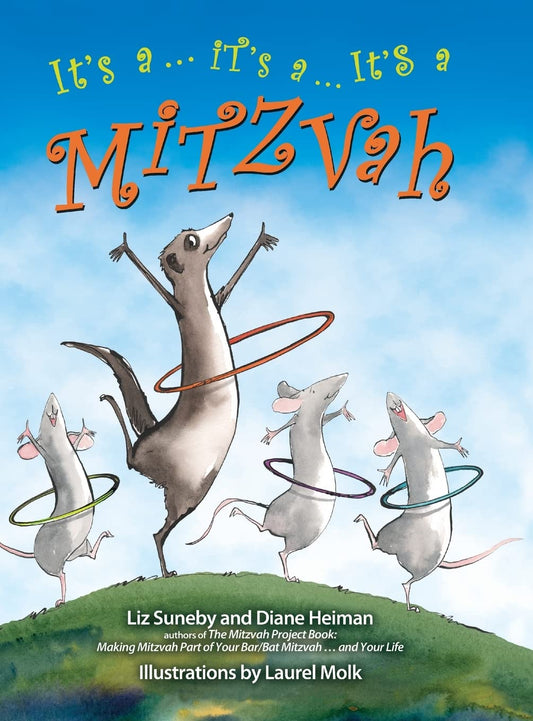 Book cover of 'It's a Mitzvah' with illustrations of mice and a rat on a hill with a blue sky.