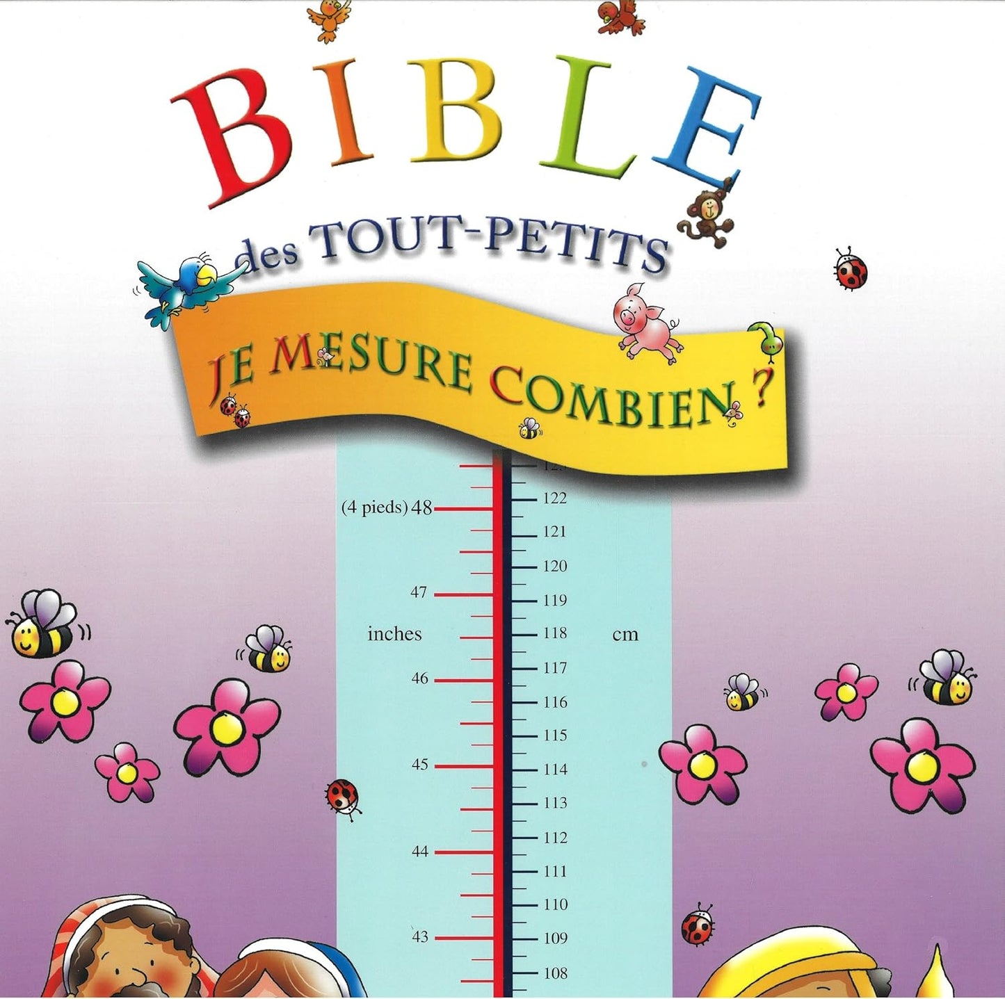 Children's book cover with a height chart and colorful illustrations on a purple background