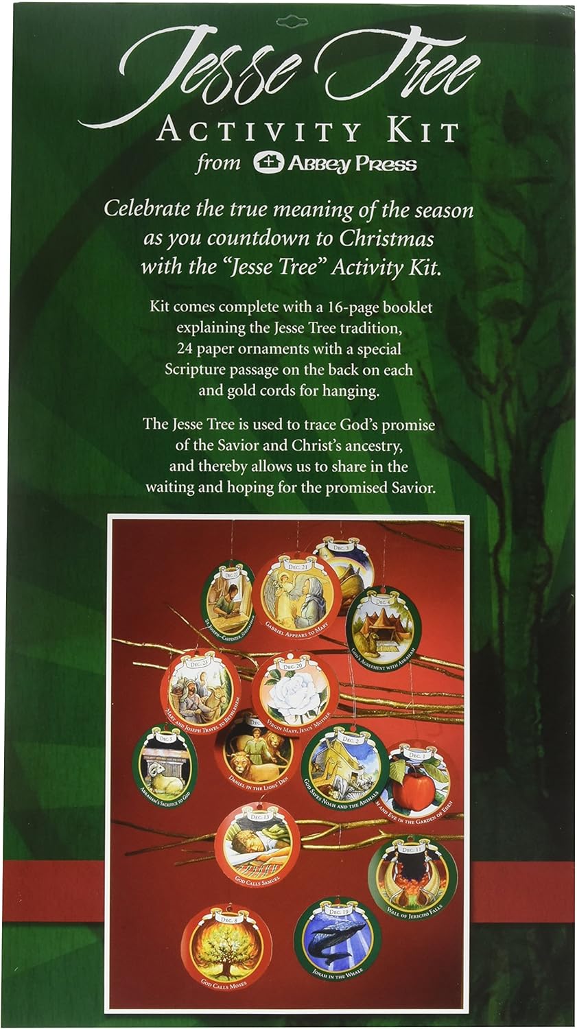 Jesse Tree Activity Kit packaging with text and images of ornaments on a green background