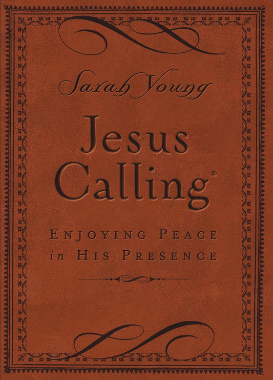 Book cover of 'Jesus Calling' by Sarah Young with decorative text and brown leather texture.