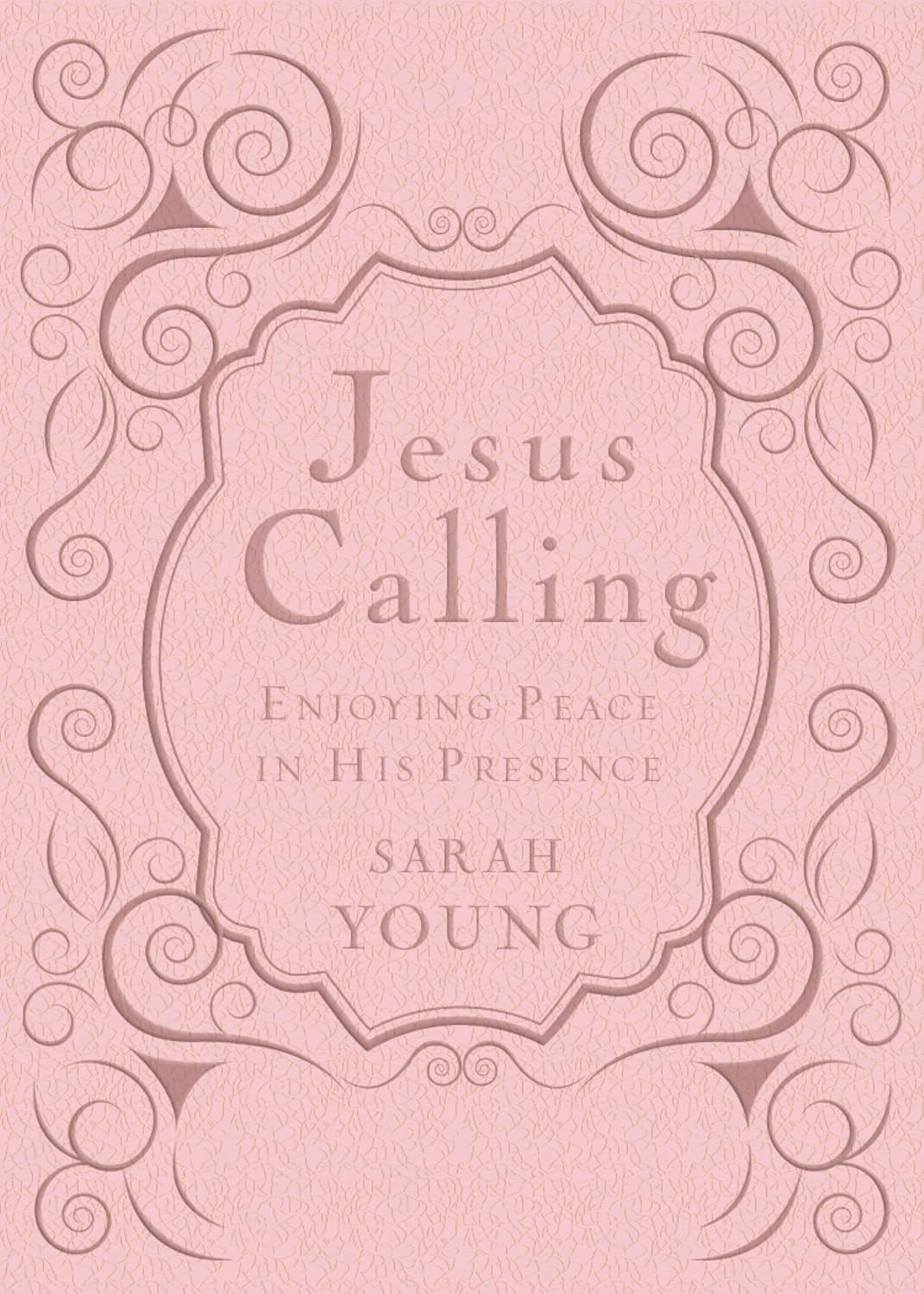 Book cover of 'Jesus Calling' by Sarah Young with decorative elements on a pink background