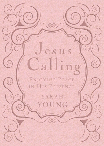 Book cover of 'Jesus Calling' by Sarah Young with decorative elements on a pink background