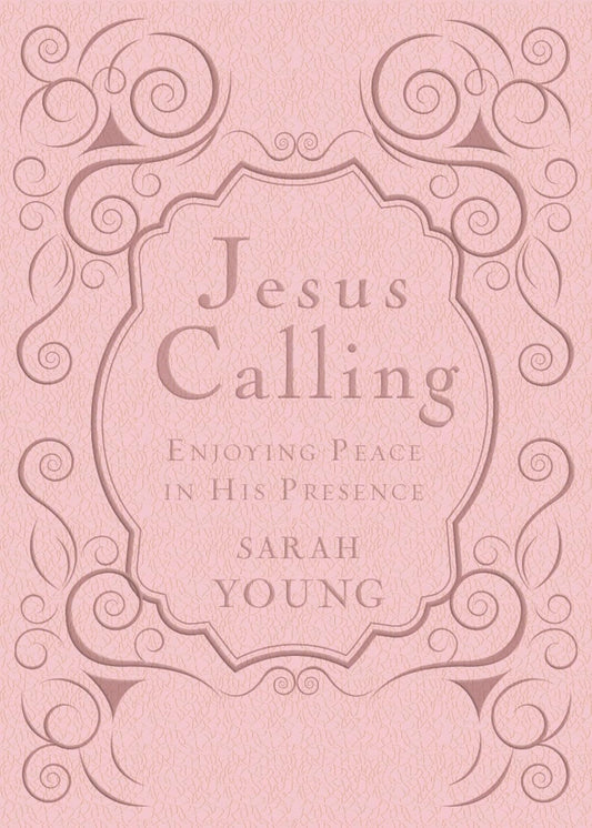 Book cover of 'Jesus Calling' by Sarah Young with decorative elements on a pink background