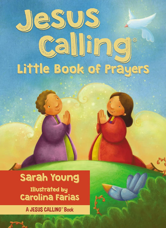 Book cover of 'Jesus Calling Little Book of Prayers' with two children praying on a hill.