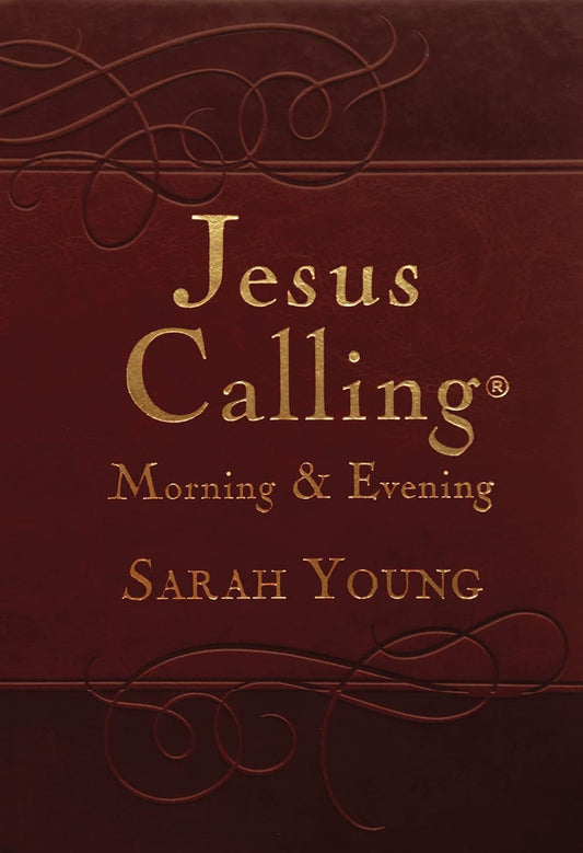 Cover of 'Jesus Calling Morning & Evening' by Sarah Young with gold text on a dark brown background