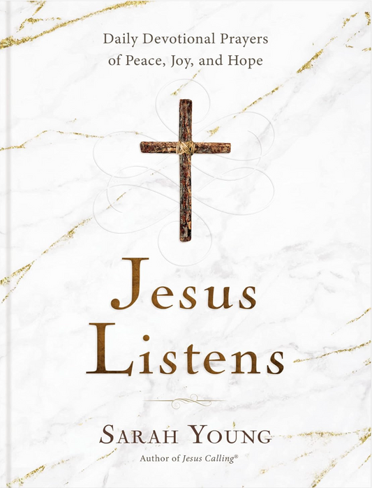 Book cover of 'Jesus Listens' by Sarah Young with a cross and marble design.