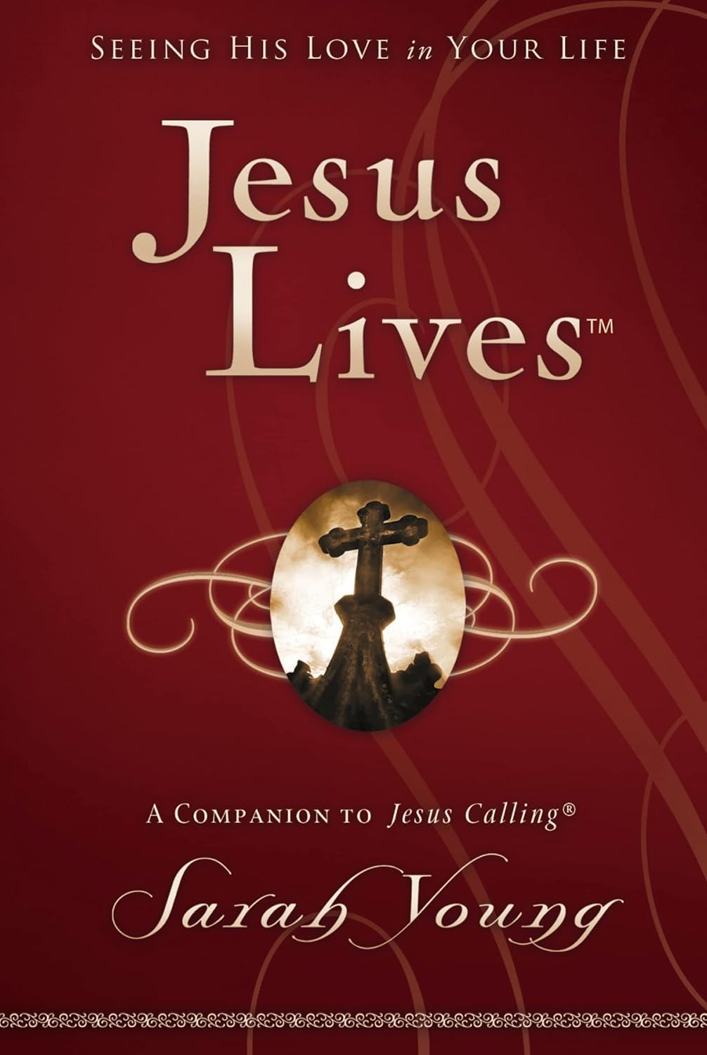 Book cover of 'Jesus Lives' by Sarah Young with a red background and cross design.