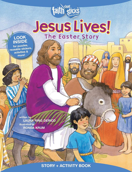 Book cover of 'Jesus Lives! The Easter Story' with illustrations of Jesus and disciples.