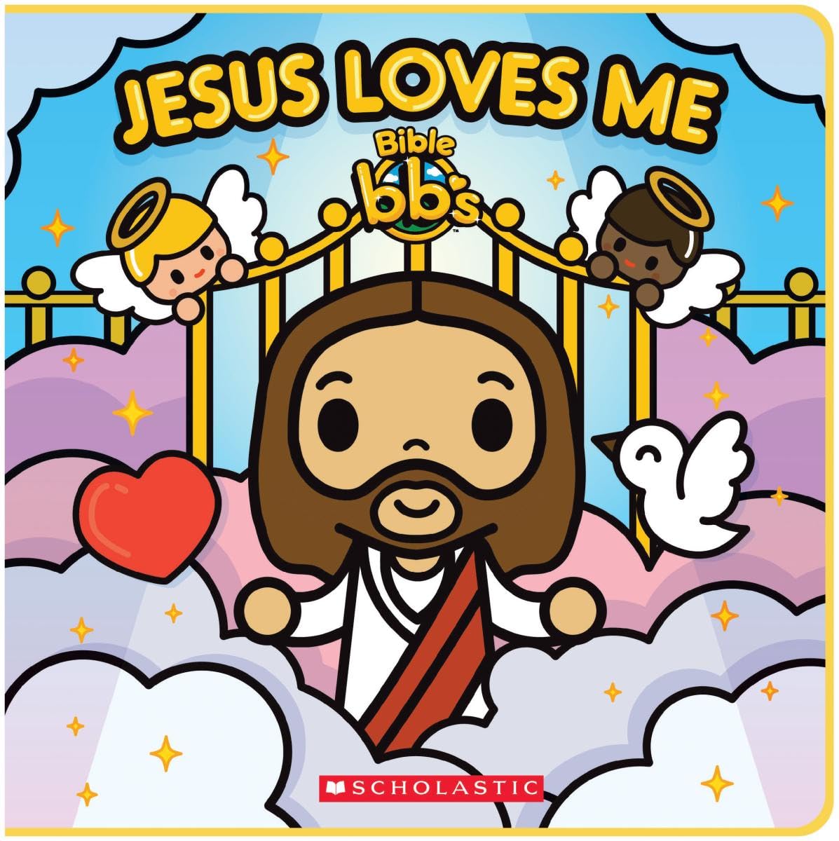 Children's book cover titled 'Jesus Loves Me' with cartoon characters and Scholastic logo.