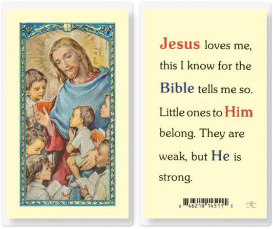 Card with illustration of Jesus holding children and text about Jesus loving them.
