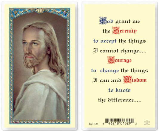 Prayer card with a portrait of a religious figure on the left and the Serenity Prayer on the right.