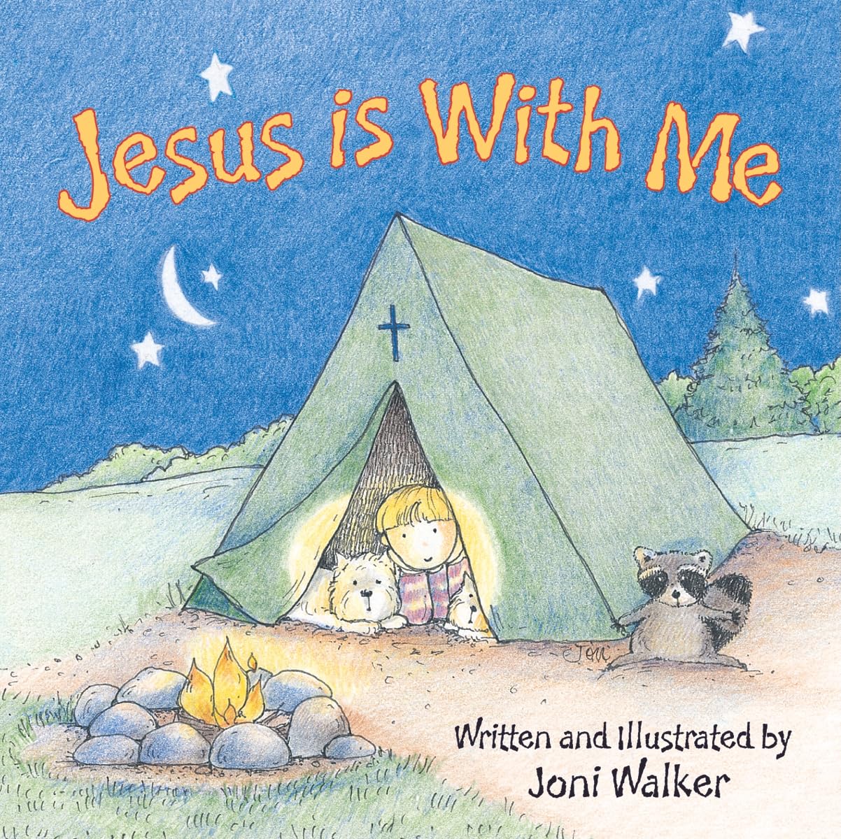 Book cover of 'Jesus is With Me' with a child, dog, and raccoon by a campfire under a starry sky.