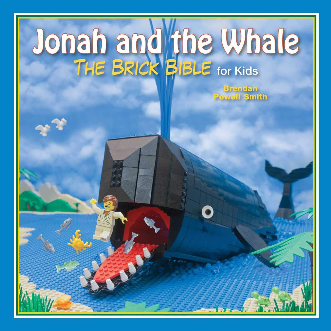Book cover of 'Jonah and the Whale' from 'The Brick Bible for Kids' with a LEGO model of a whale and Jonah.