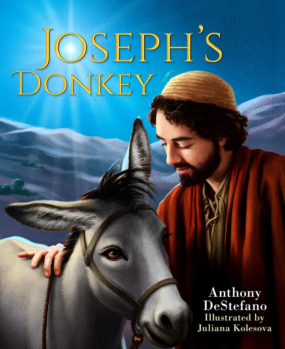 Book cover of 'Joseph's Donkey' featuring a man and donkey with a mountainous background.