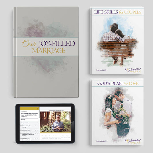 Collection of books and a tablet displaying content related to marriage and life skills on a light gray background.