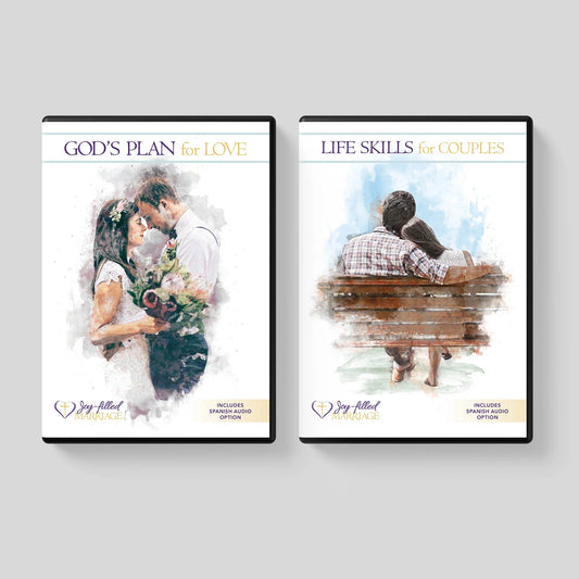 Two DVD covers titled 'God's Plan for Love' and 'Life Skills for Couples' on a gray background.