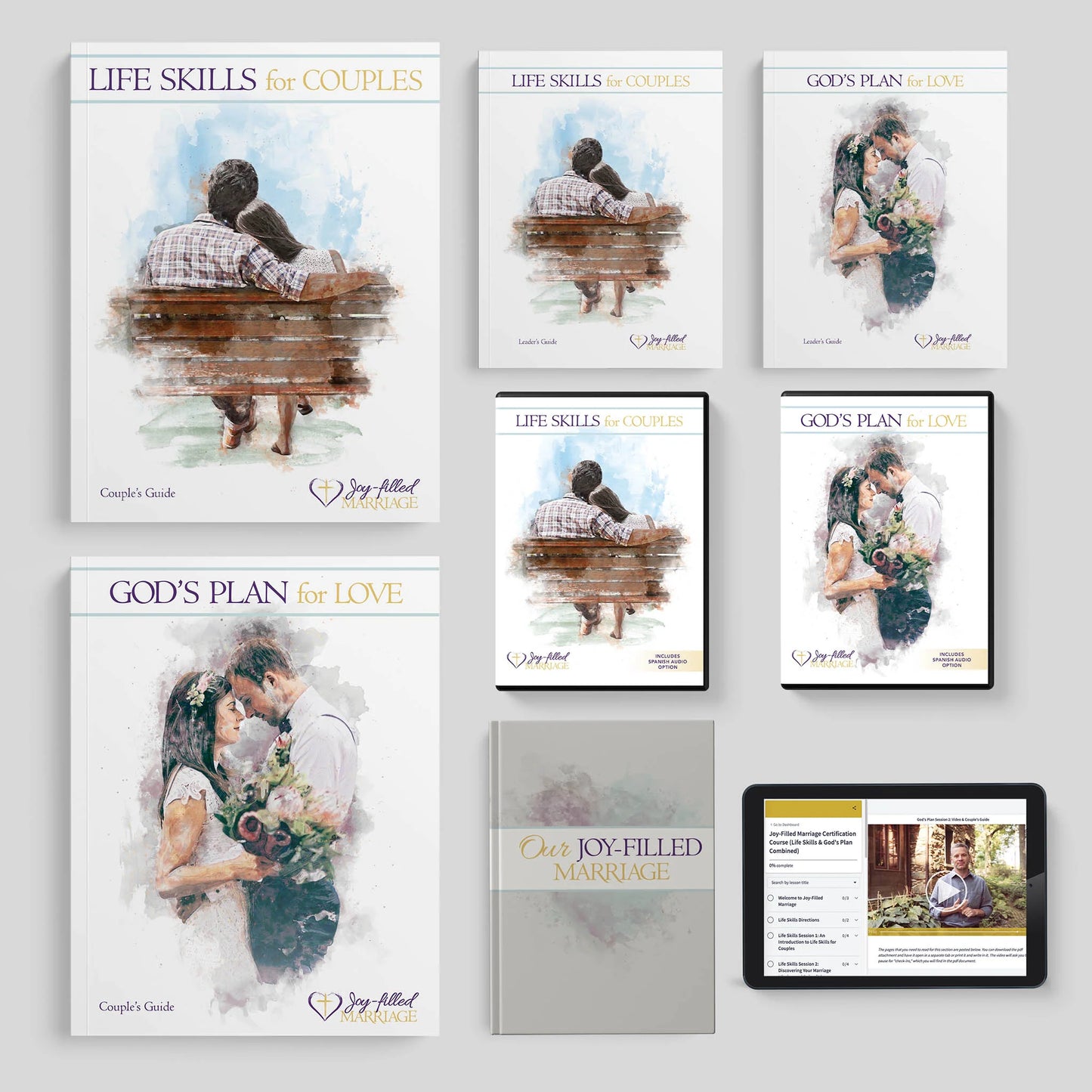 Collection of 'Joy Filled' marriage resource books on a gray background with an iPad displaying a related app.