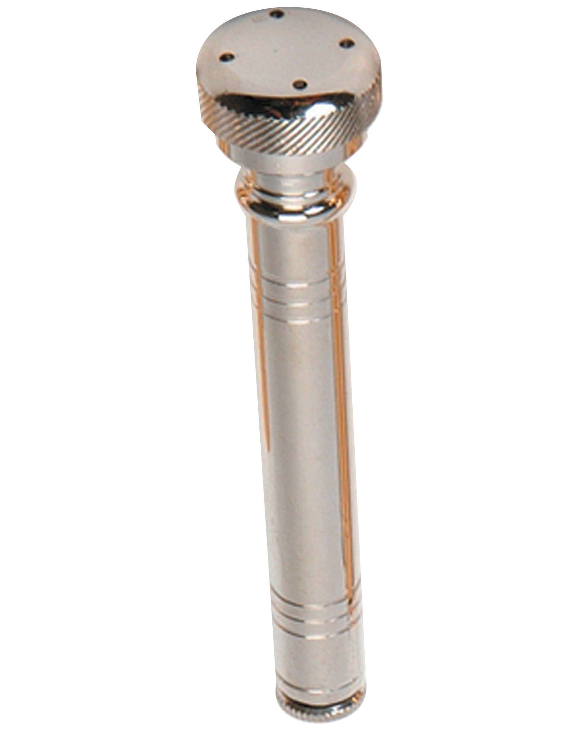 Metallic cylindrical object with a textured top on a white background