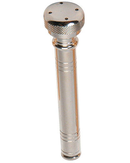 Metallic cylindrical object with a textured top on a white background