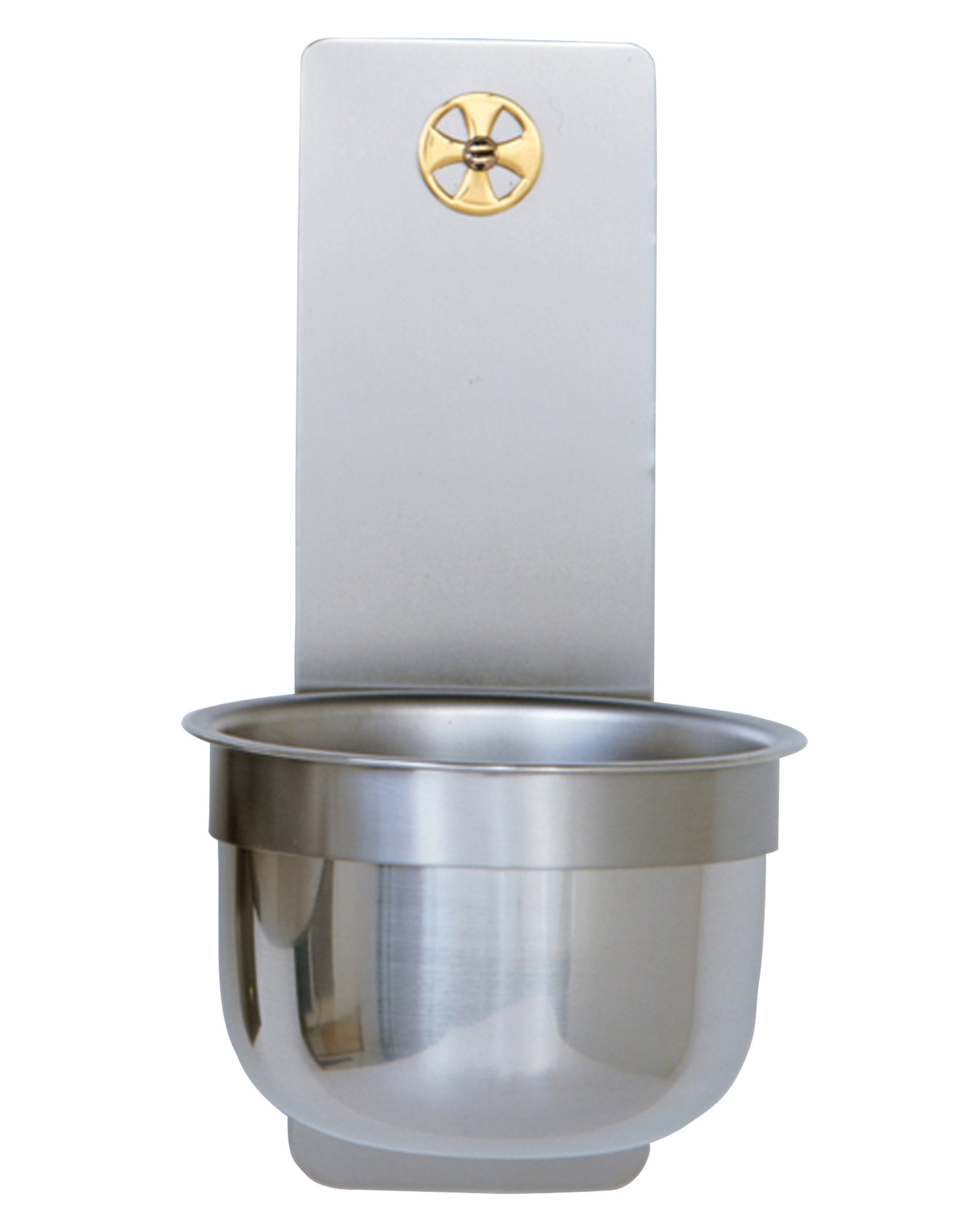 Stainless steel wall-mounted pet bowl with a gold decorative element on a white background