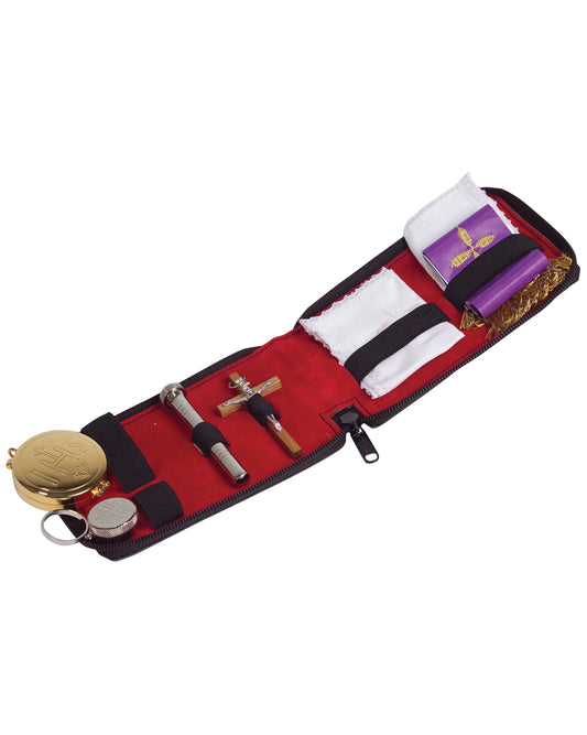 Red tool roll with various tools on a white background