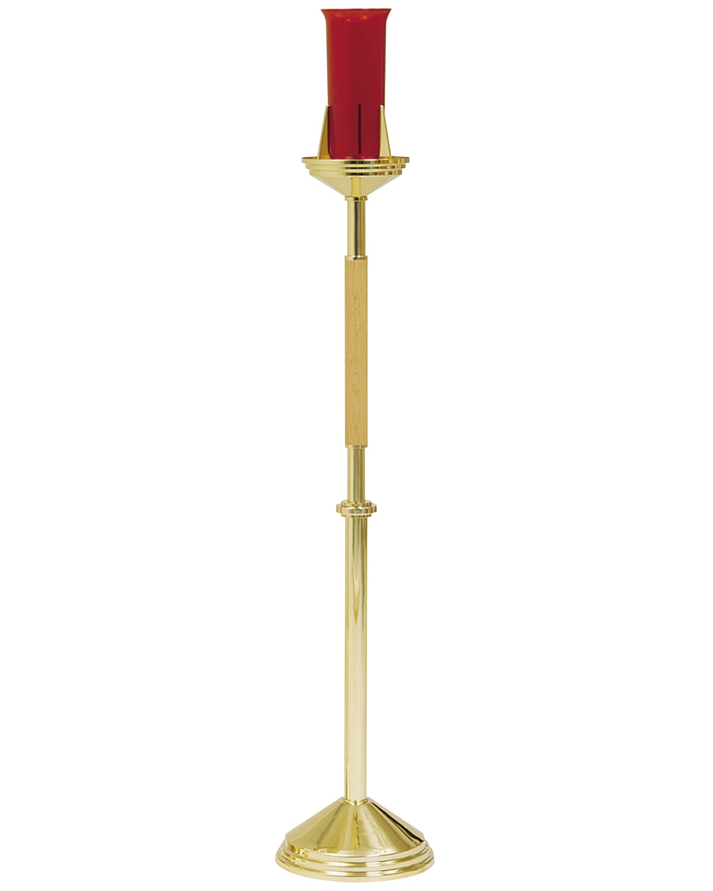 Gold candle holder with a red candle on a white background