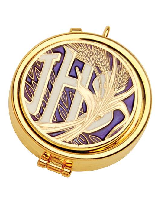 Pyx with gold frame, purple background, and initials 'JH'.