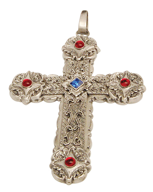 Decorative cross pendant with red and blue stones on a white background