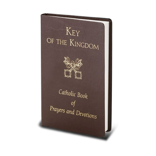 Brown book titled 'Key of the Kingdom: Catholic Book of Prayers and Devotions' on a white background
