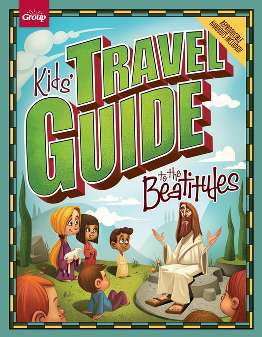 Cover of 'Kids' Travel Guide to the Beatitudes' with cartoon characters and a colorful border.
