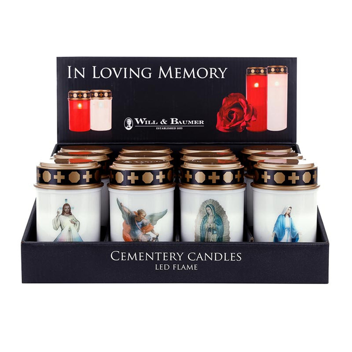 Set of cemetery candles with religious figures in a display box, featuring the brand 'Will & Baumer'.