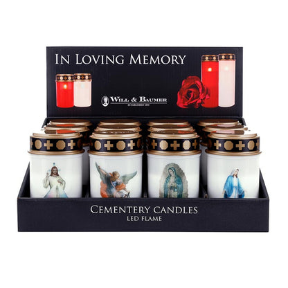 Set of cemetery candles with religious figures in a display box, featuring the brand 'Will & Baumer'.