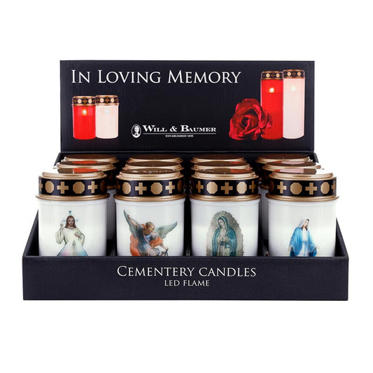 Set of cemetery candles with religious figures in a display box, featuring the brand 'Will & Baumer'.