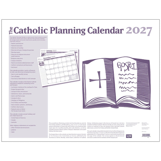 The Catholic Planning Calendar 2027 shown flat against a white background, featuring purple text, a calendar page preview, a monthly calendar insert, and an open Bible illustration with a cross and the word 'Gospel'.